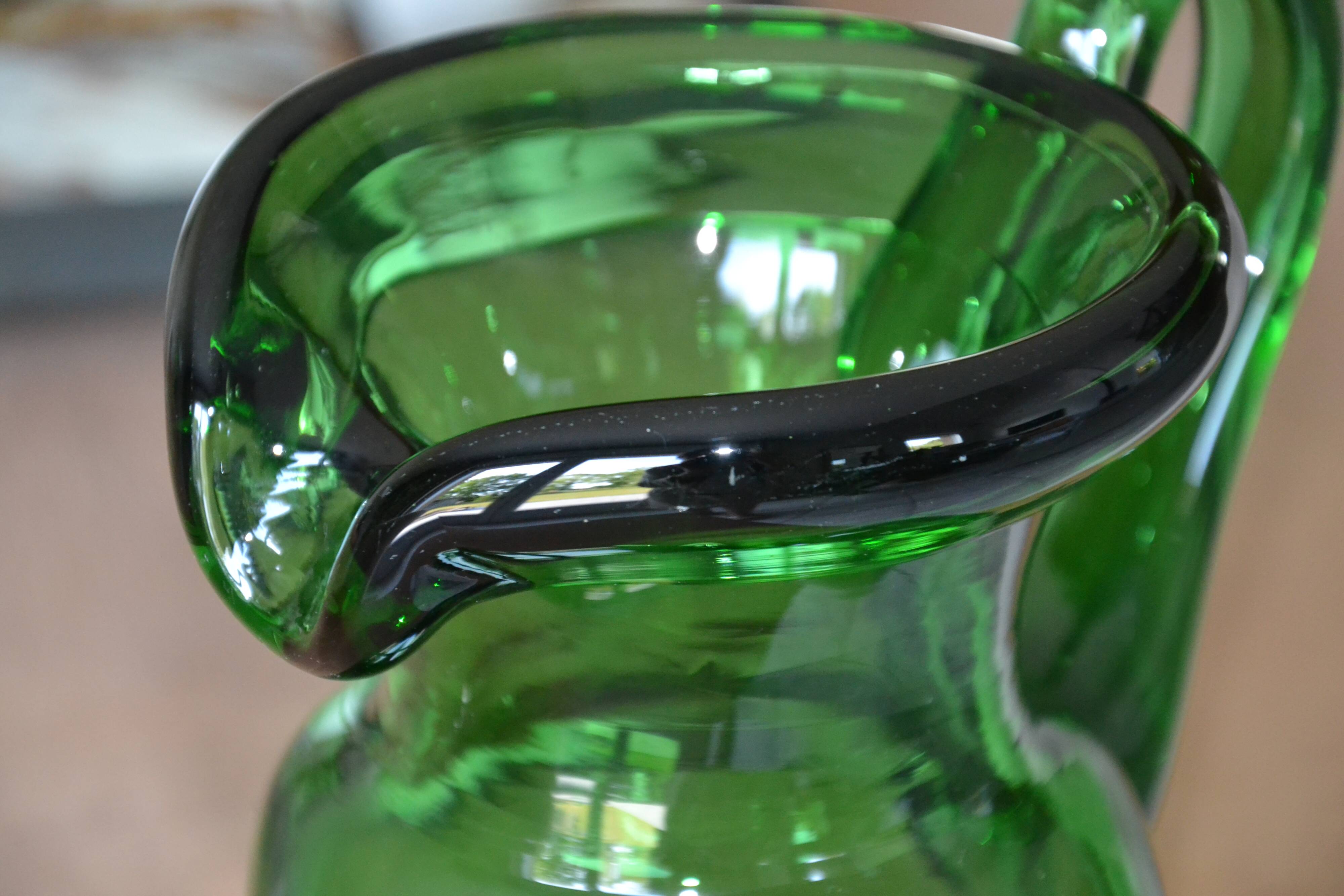 Handcrafted green glass pitcher from Spain