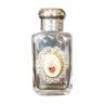 Bottle of white perfume with a capsule of roses on the front