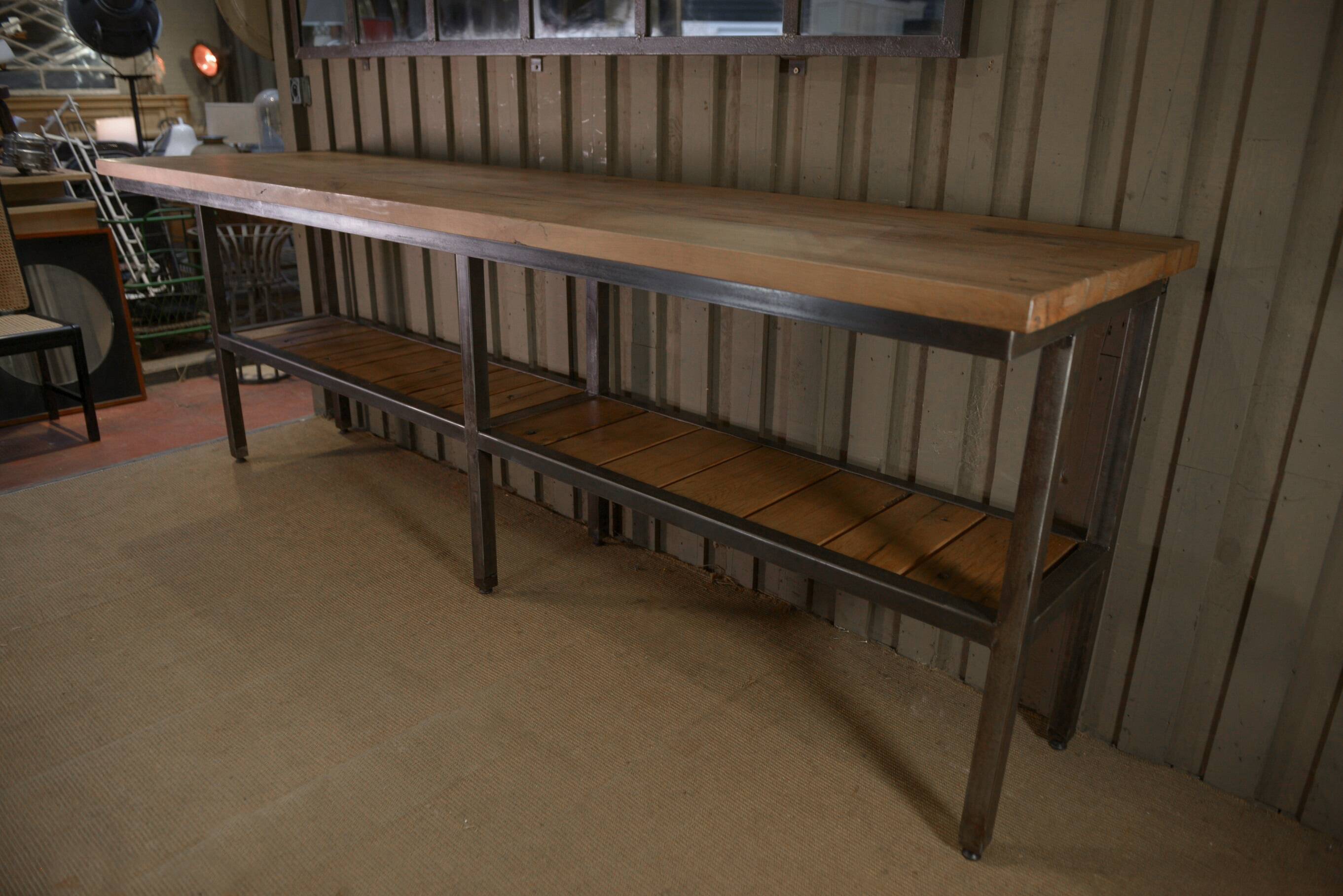 Large industrial metal console, 2 solid oak shelves