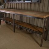 Large industrial metal console, 2 solid oak shelves