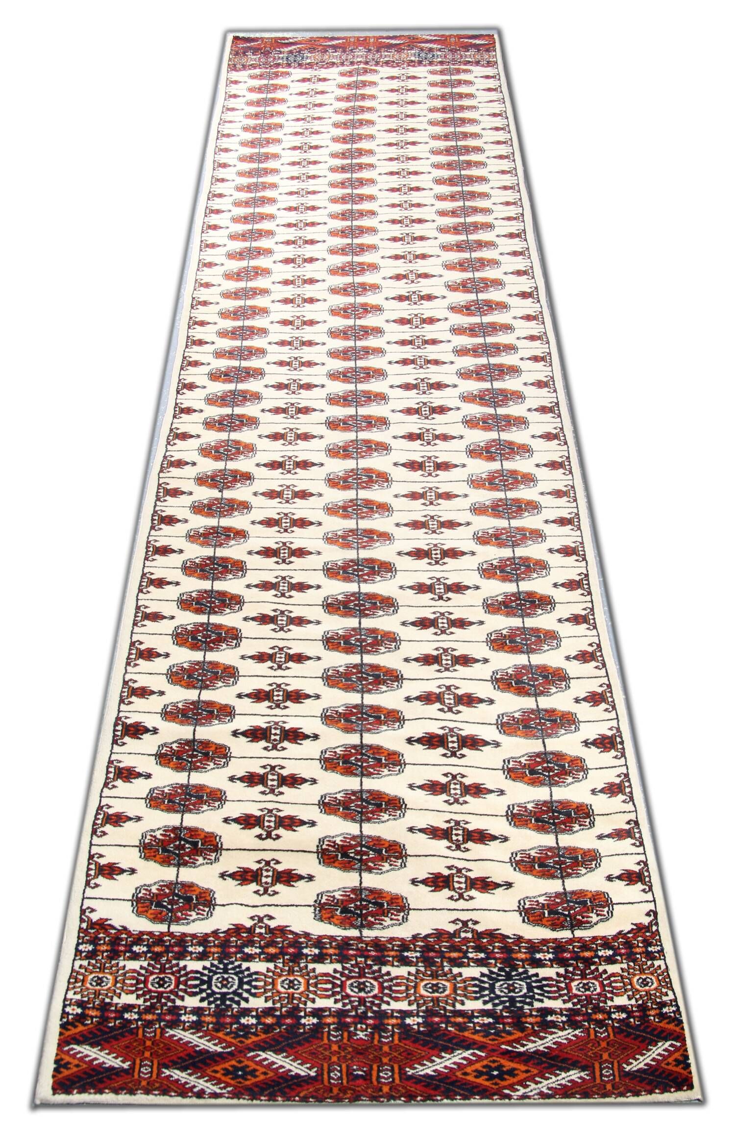 Turkman Runner Rug, Handmade Bukhara Geometric Ivory Runner for Sale