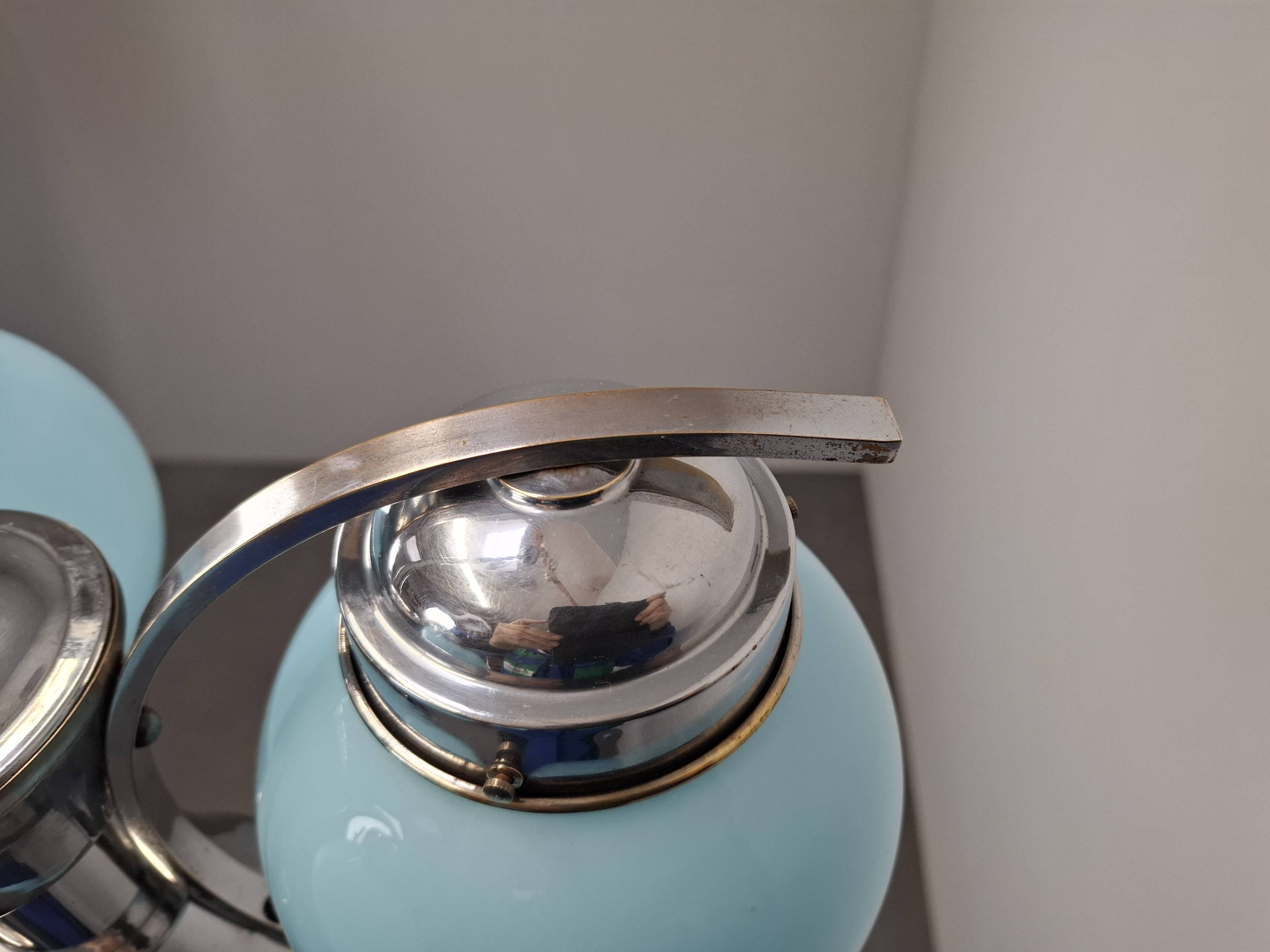 1930s Czech Art Deco Blue Opaline Glass and Chrome Four-Light Chandelier