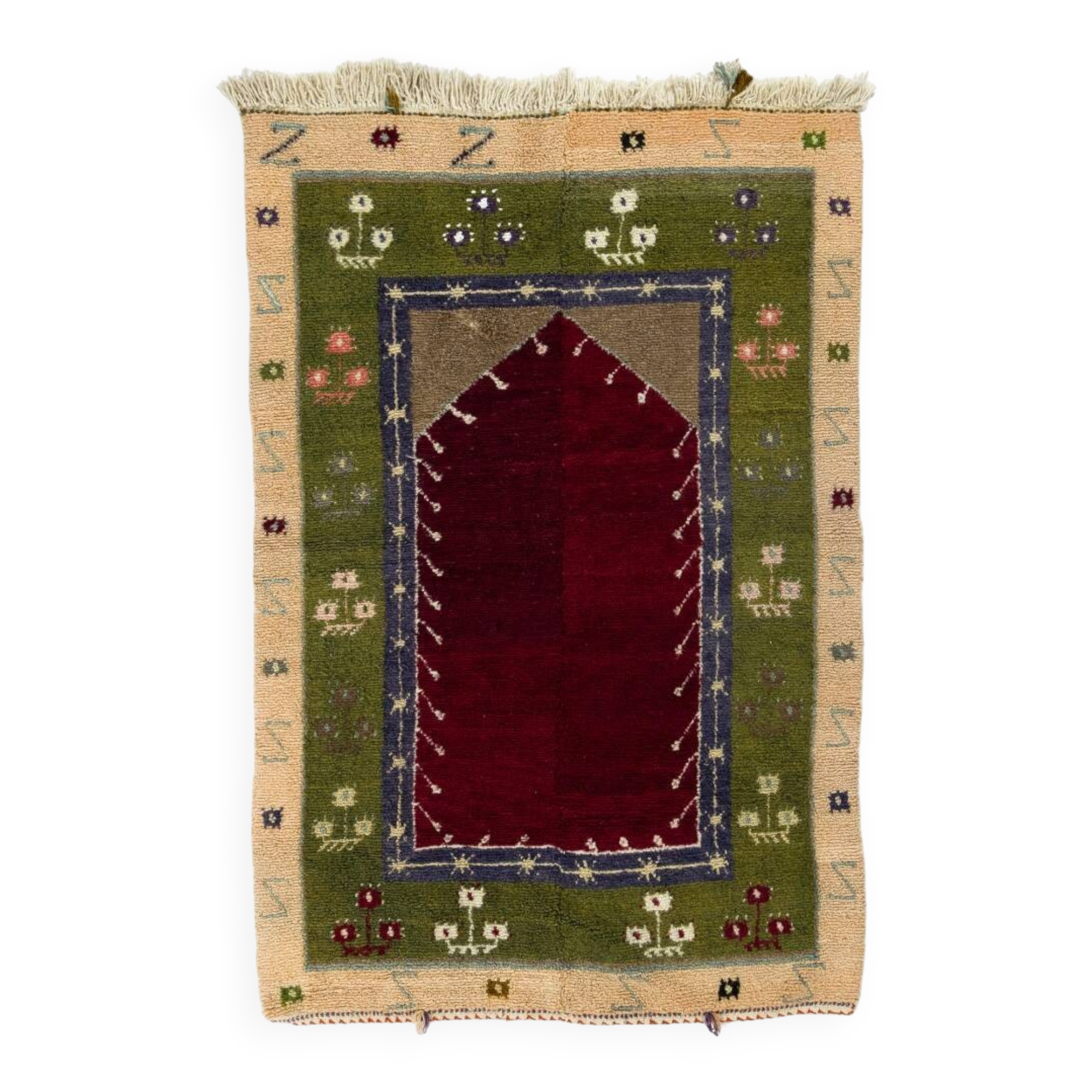 One-of-a-Kind Turkish Tulu Rug, Vintage Handknotted Prayer Rug. 100% Wool