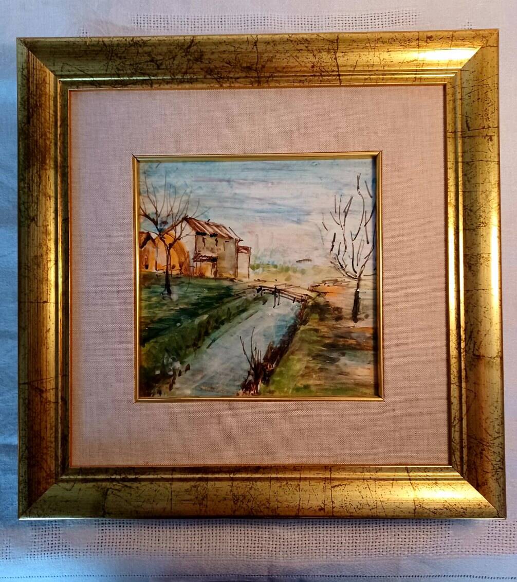 Framed and hand painted ceramic tile