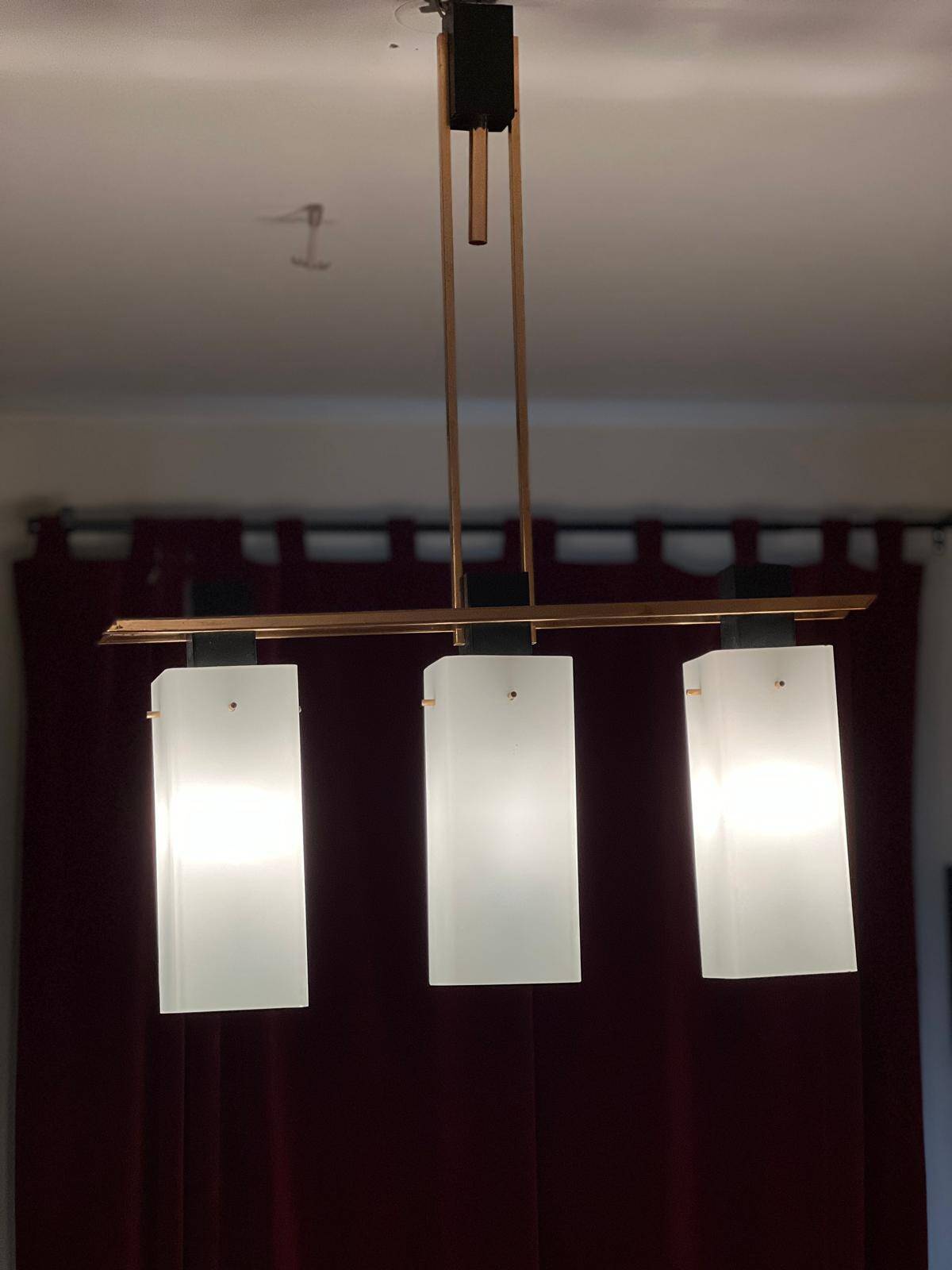 3-light ceiling light, in opaline and brass Maison Arlus 1950