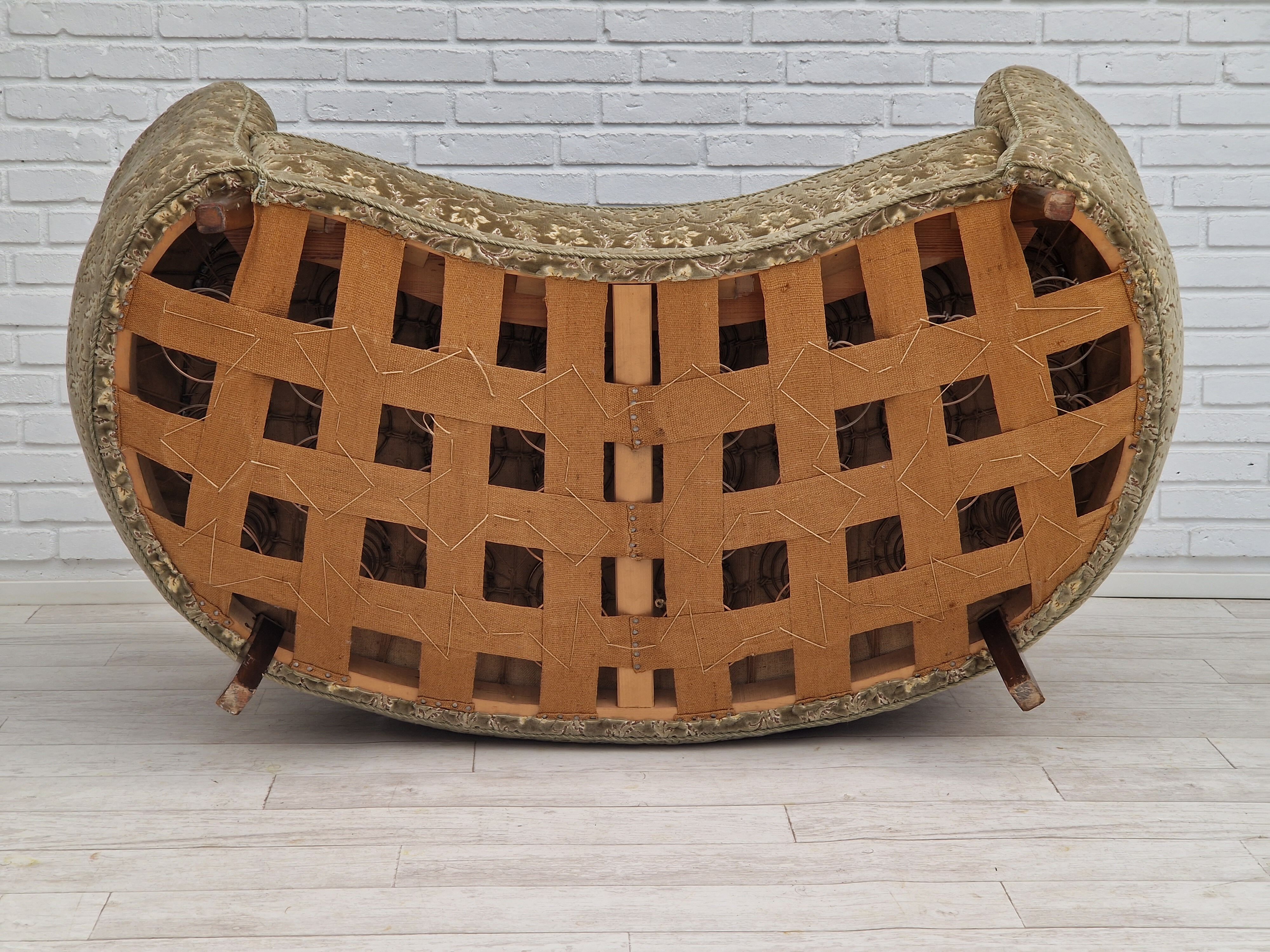 60s, danish vintage 2 seater "banana" sofa, green velour, original condition.