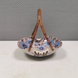 Beautiful small painted ceramic basket with woven handle