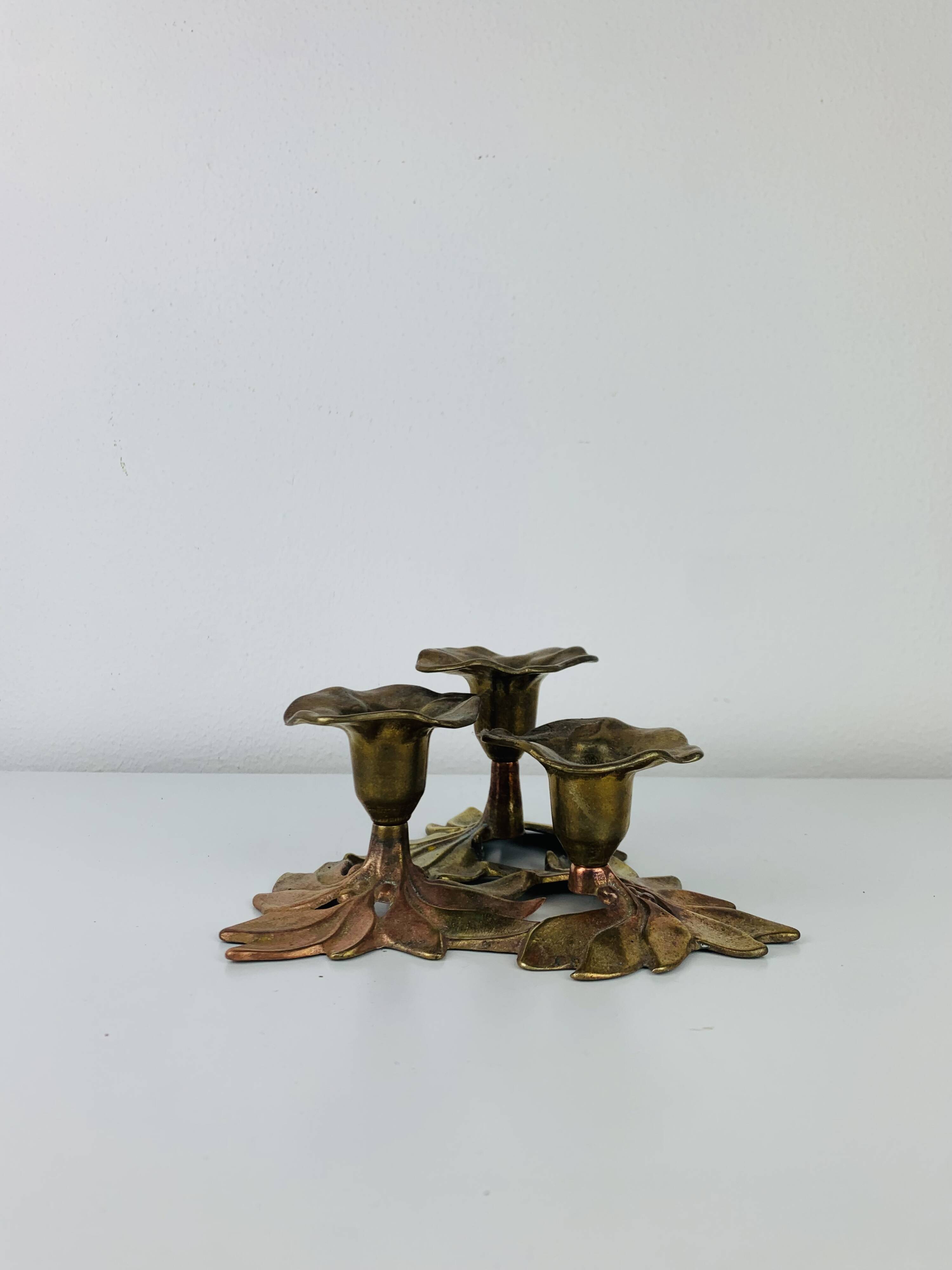 Bougeoir laiton trio de fleurs, vintage