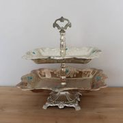 Vintage two-tiered server in oriental style – Silver-plated metal and turquoise cabochons.