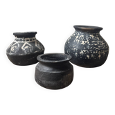Lot of 3 ancient pots from Indonesia, black terracotta, wabi-sabi.
