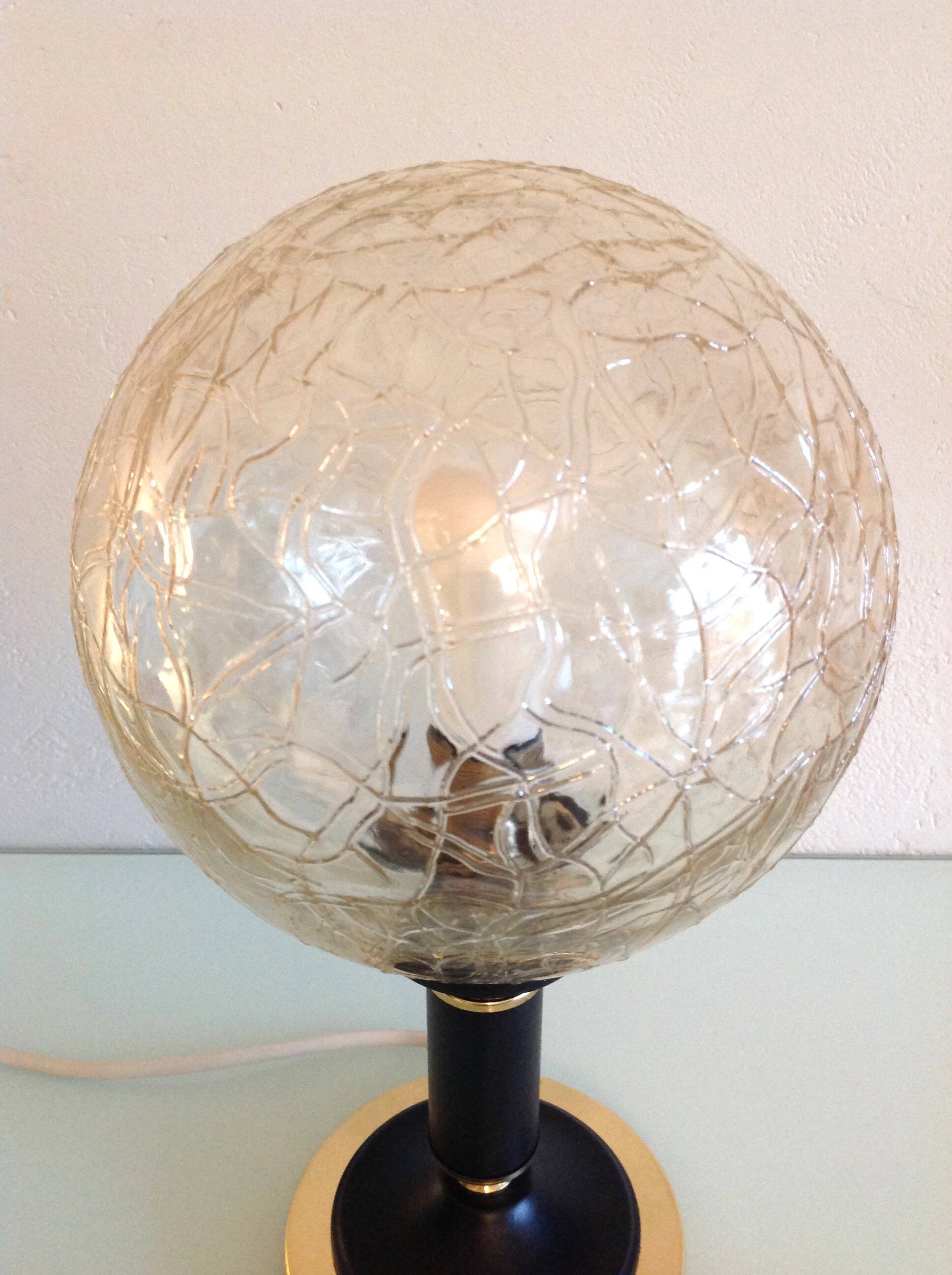 Structured amber glass globe lamp on black and brass base by Solken Leuchten/ 60s-70s