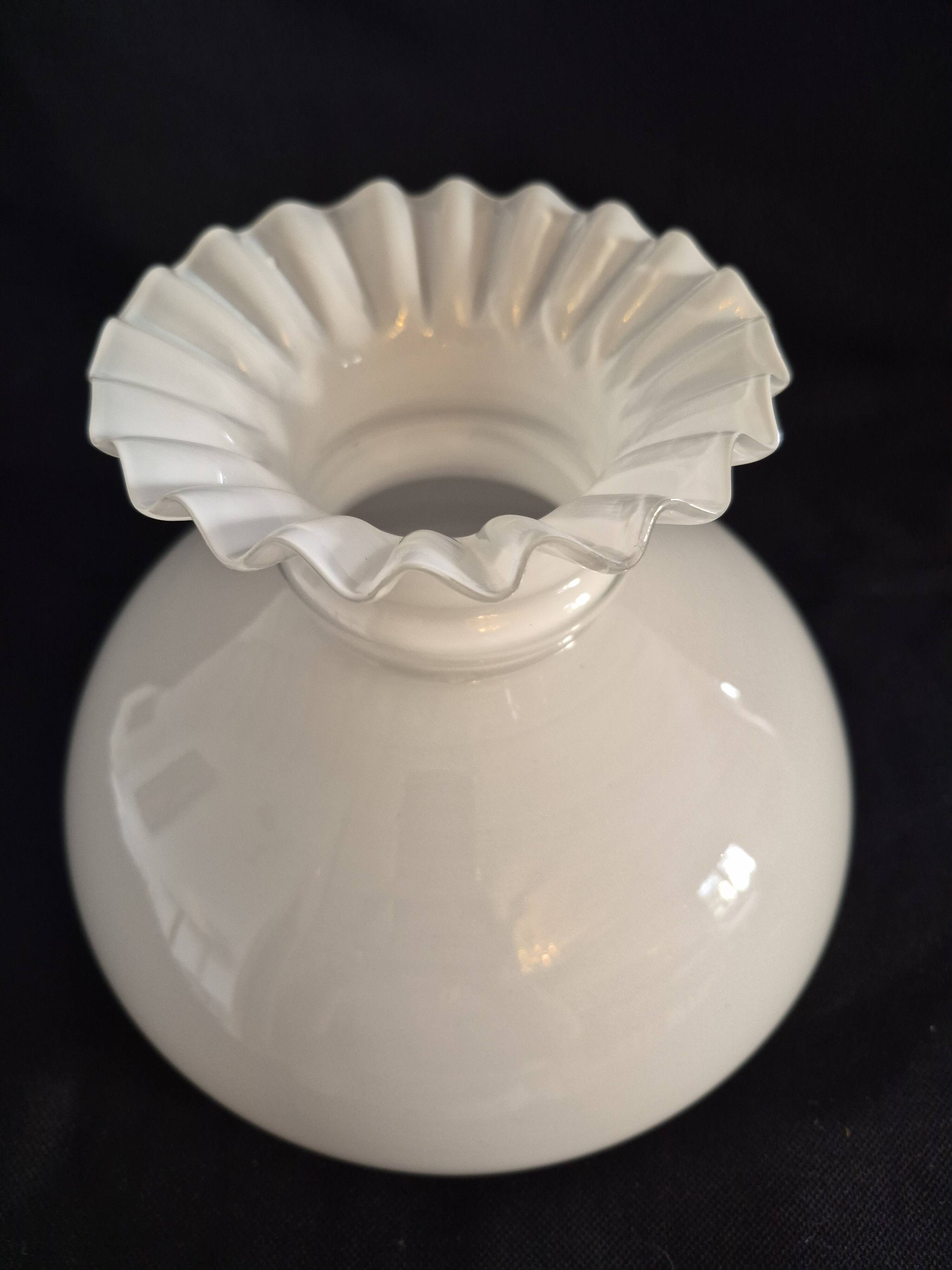 Antique lampshade in white opaline, with a beautifully pronounced scalloped neck.
