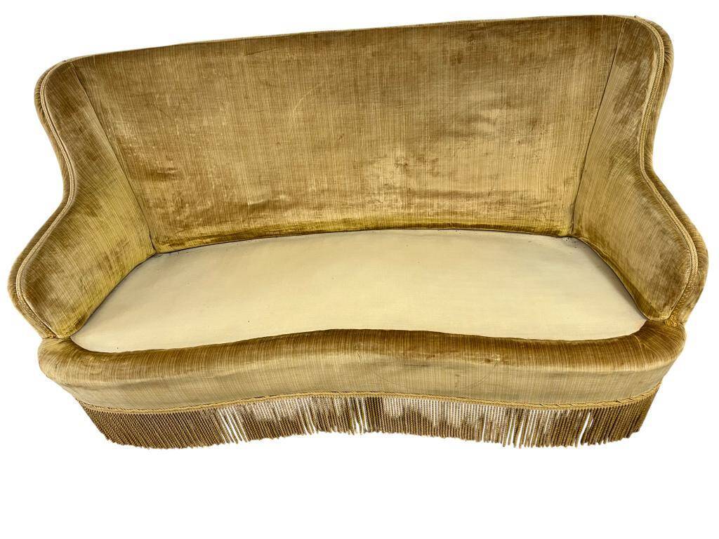 Vintage mustard yellow two-seater sofa with fringe