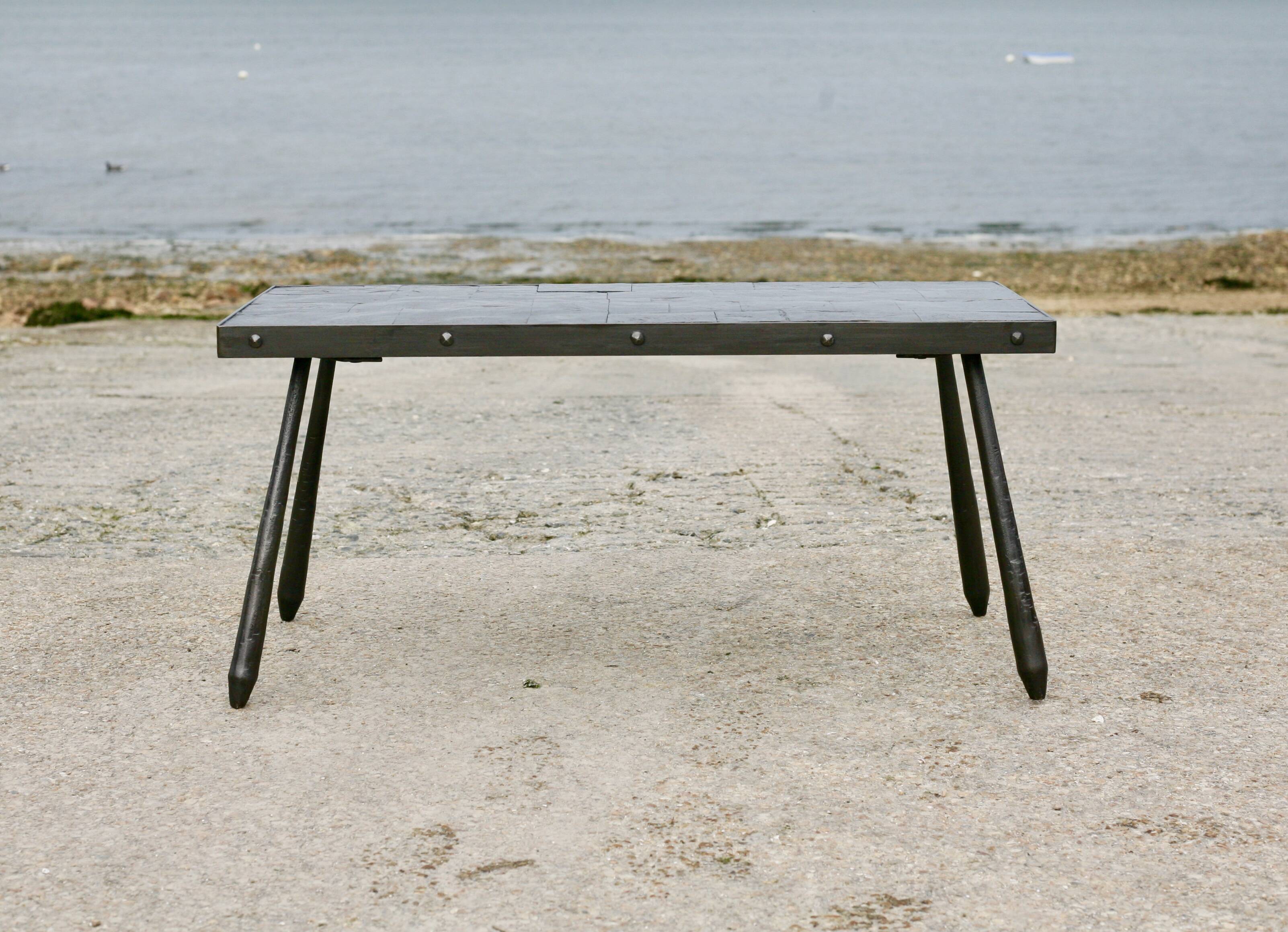 Brutalist coffee table, slate top and steel base, France, 1960s