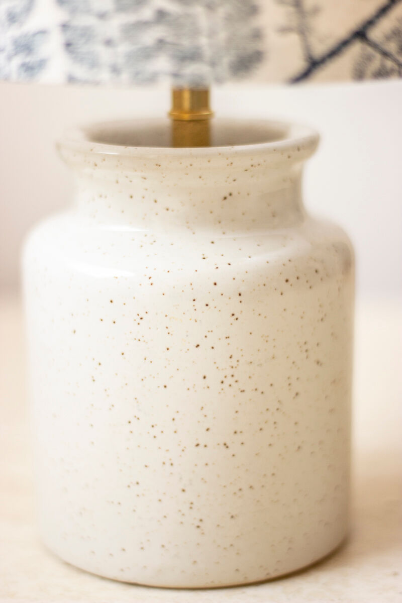 Speckled white enamelled mustard pot lamp - fern pattern