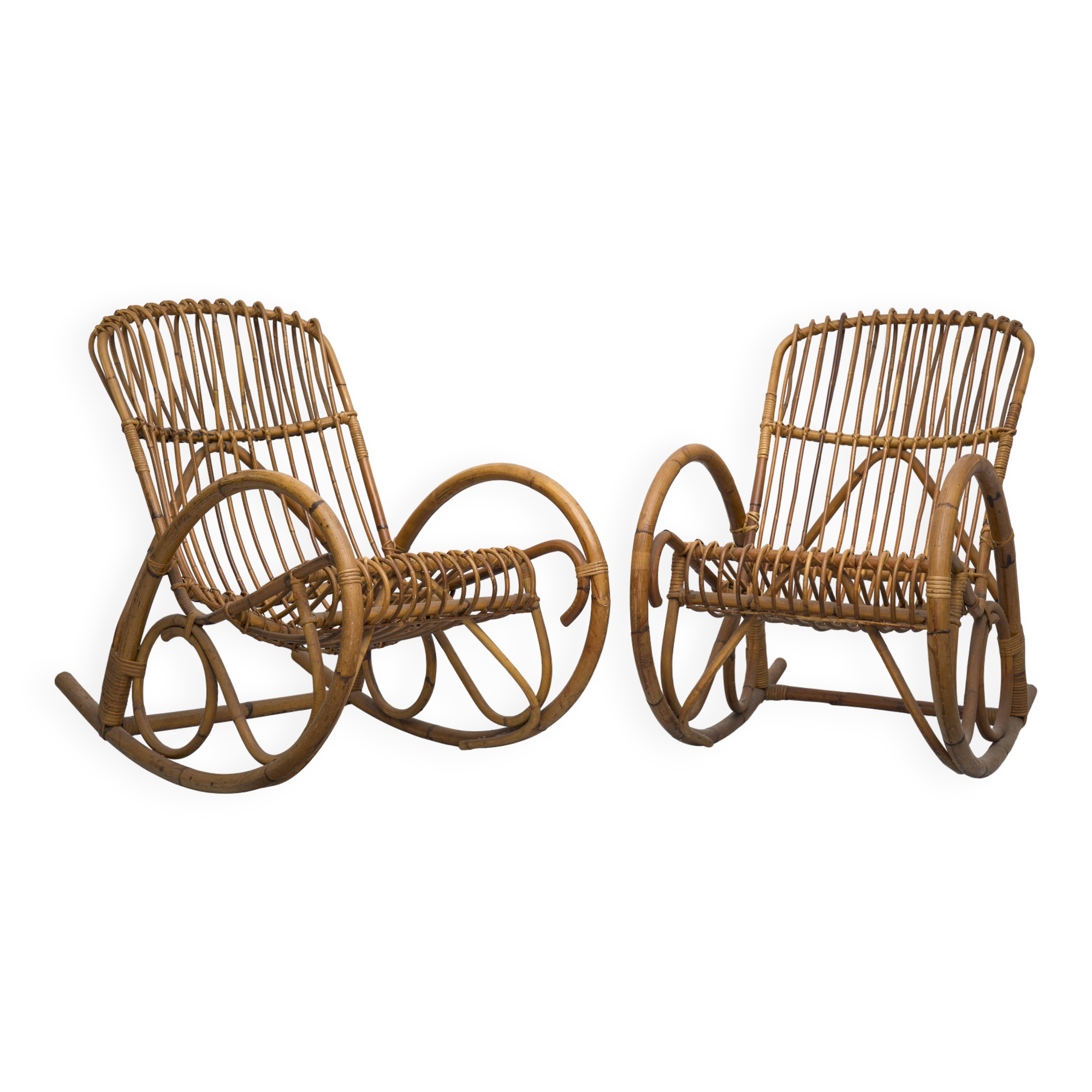 Franco Albini style, pair of rattan and bamboo rocking chairs. Italy 1950s