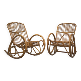 Franco Albini style, pair of rattan and bamboo rocking chairs. Italy 1950s