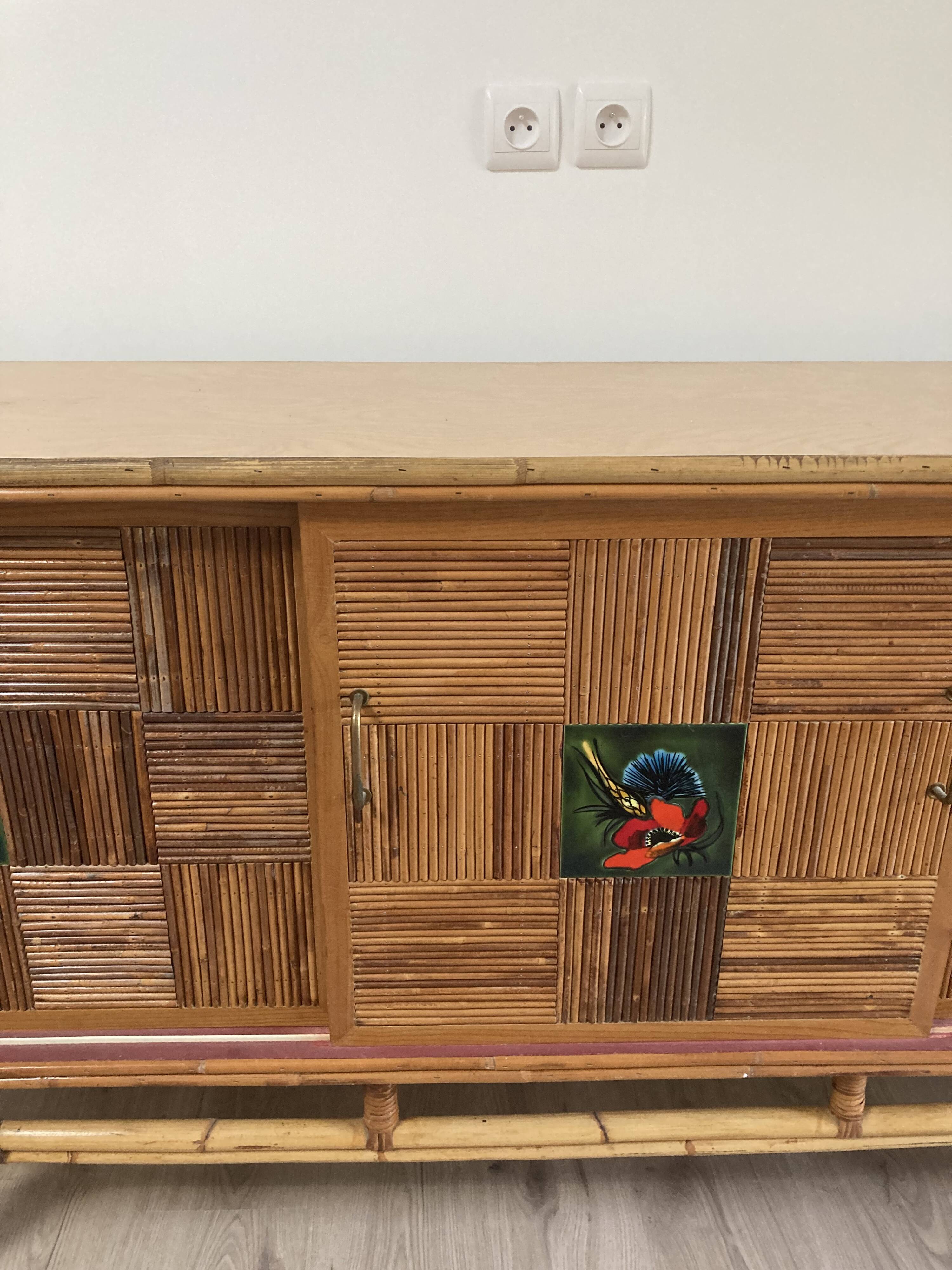 Rattan sideboard and ceramic tiles from vallauris 50s