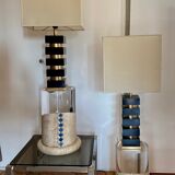 Pair of small columns or end of sofa in travertine and plexiglass