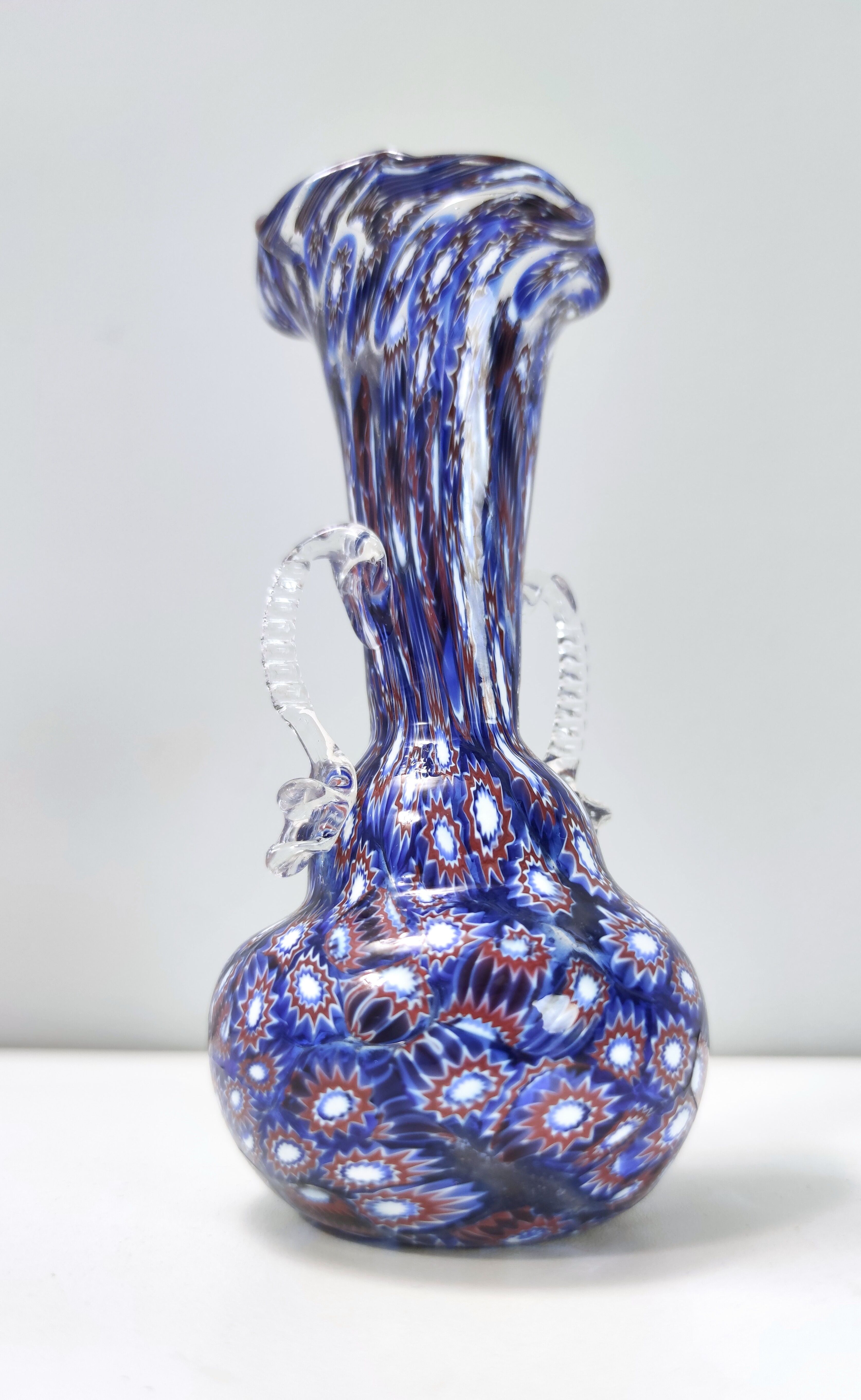 Blue murano glass vase ascribable to fratelli toso with murrines, italy