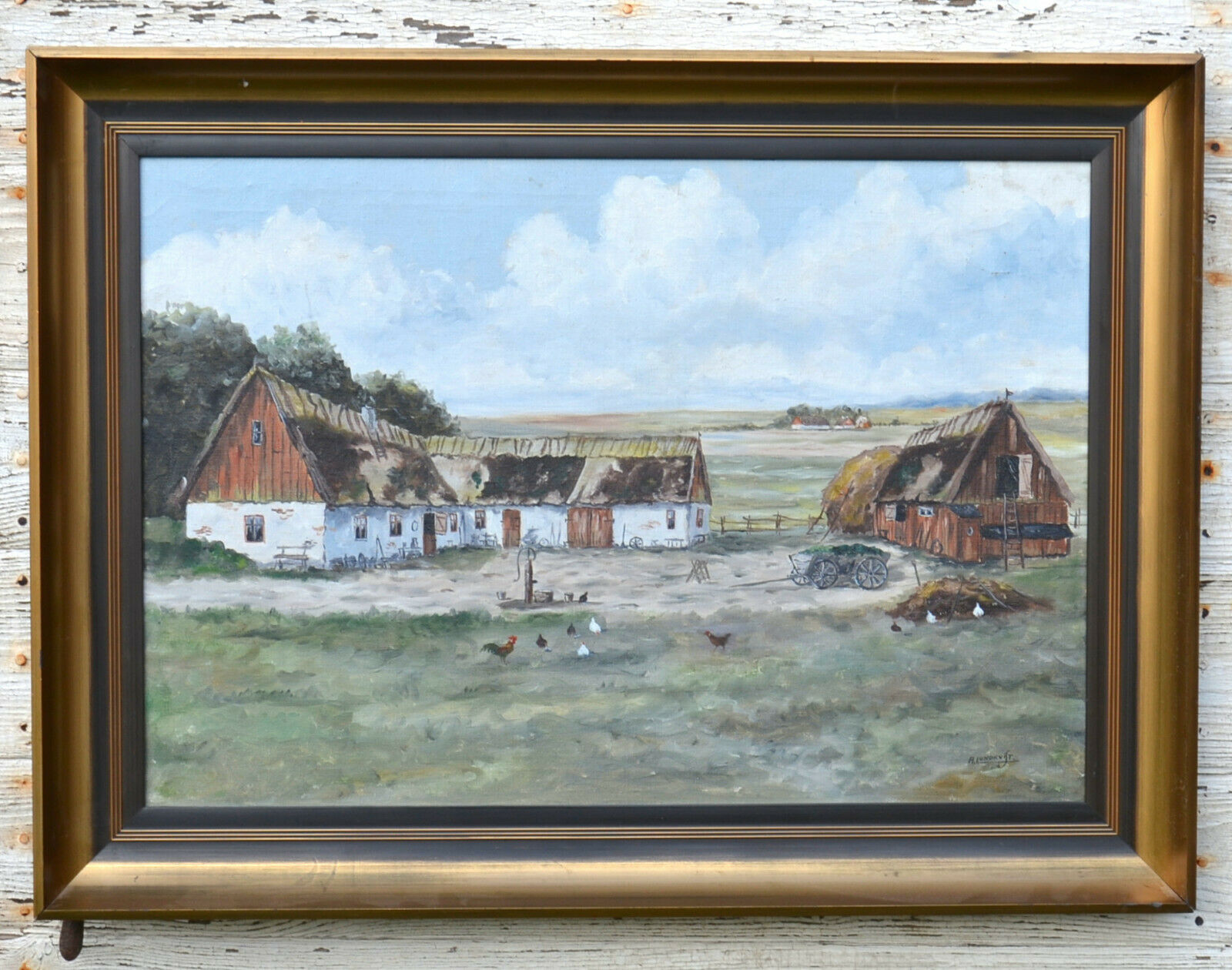 Mid 20th Century Landscape Oil Painting On Canvas, Farm Motif Signed R.Lundkvist