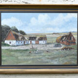 Mid 20th Century Landscape Oil Painting On Canvas, Farm Motif Signed R.Lundkvist