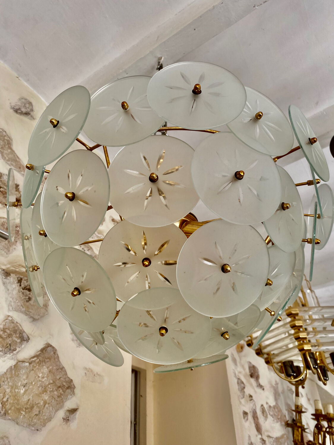 Veca ceiling lamp floral model gold structure, italy 1980s
