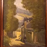 Old painting, oil on canvas, mountain landscape, early twentieth century