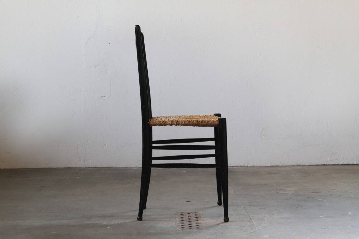 Vintage set of 8 Italian papercord black dining chairs, woven seat, 1950s