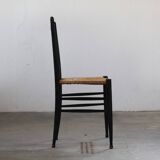 Vintage set of 8 Italian papercord black dining chairs, woven seat, 1950s