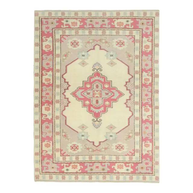 1970s Vintage Turkish Oushak Handmade Wool Cotton Cream Area Rug 150x205