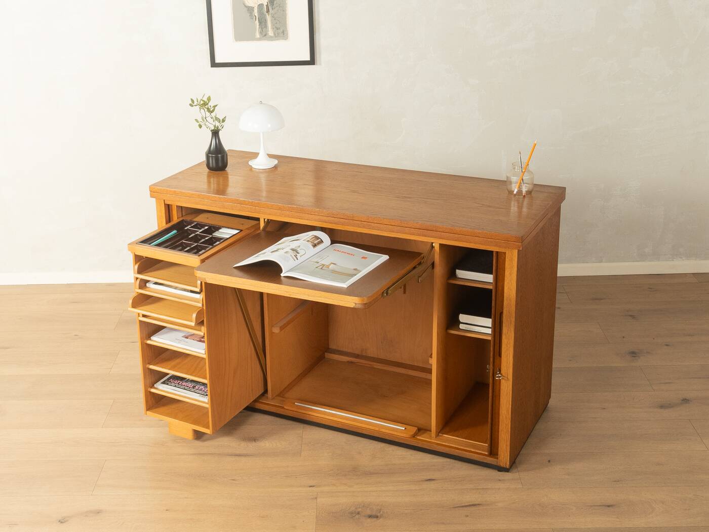 Very rare functional mid-century desk, 1960s, solid wood, Germany