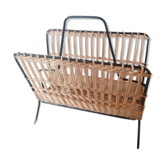 Vintage wicker and metal magazine holder