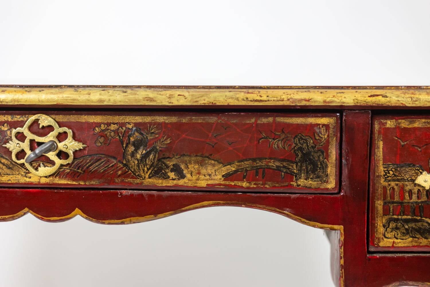 Louis XV style bureau plat with lake scene decoration. Circa 1800.