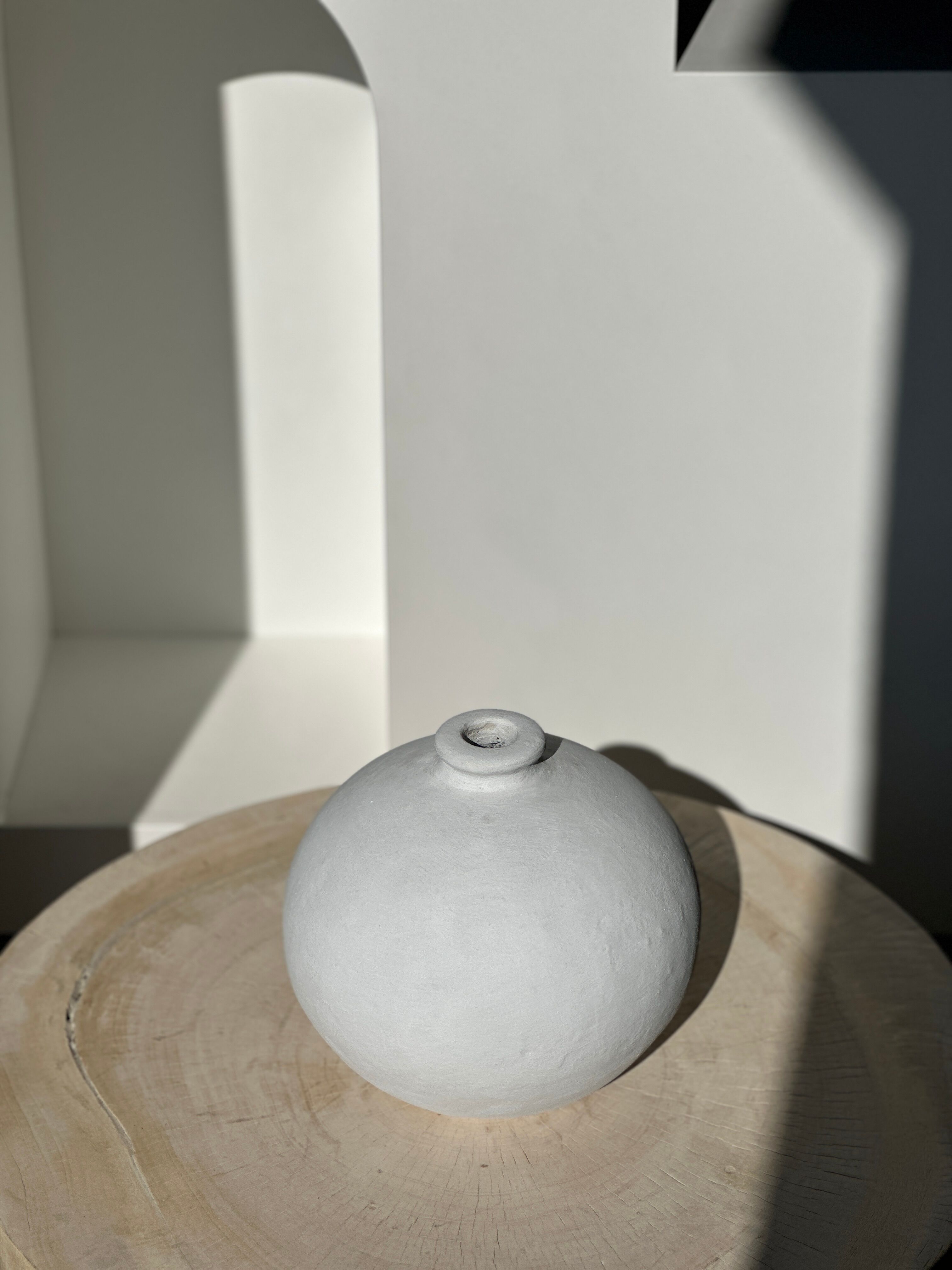 Handcrafted terracotta ball vase painted white H:24 D:26