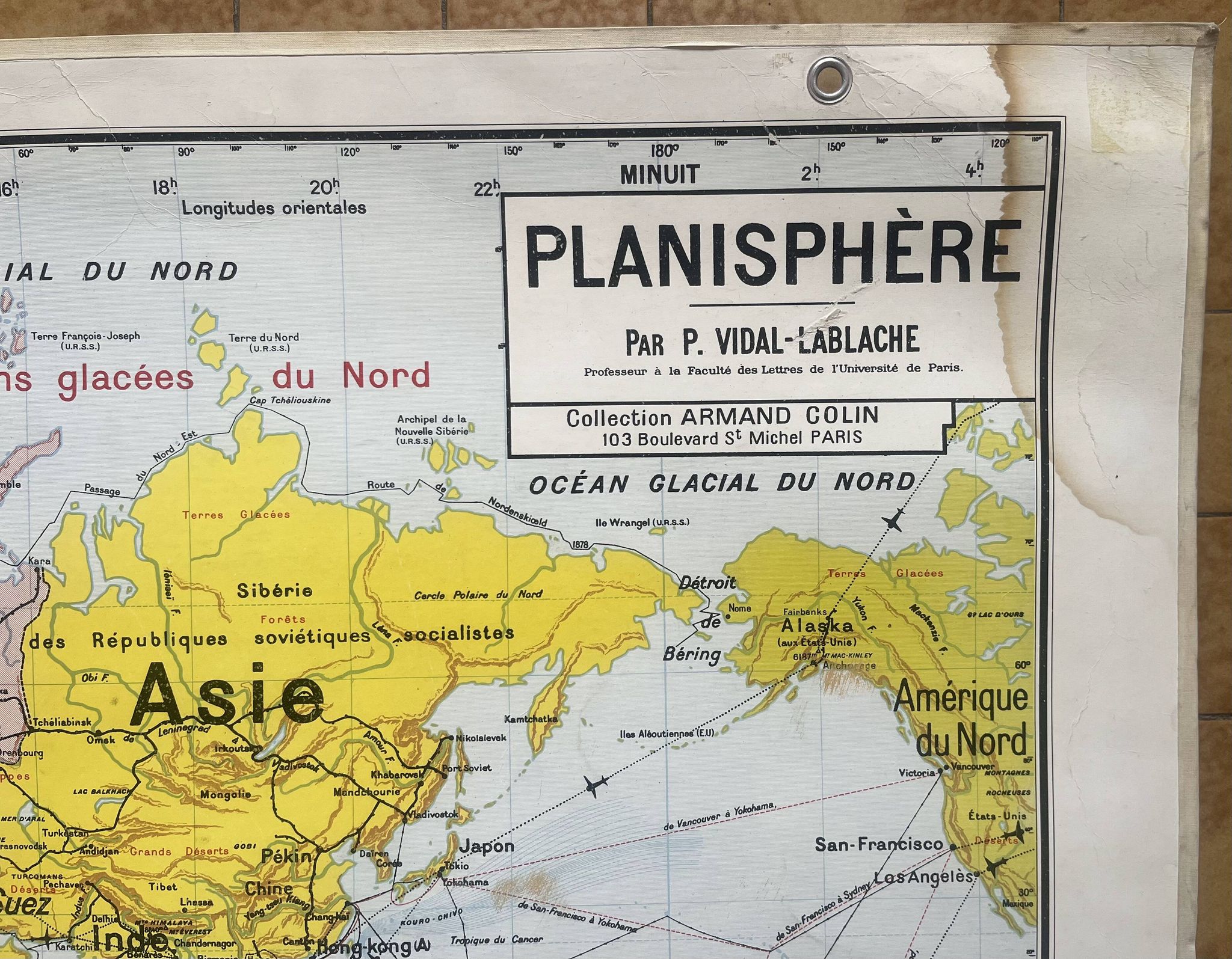 Ancienne carte scolaire Vidal-Lablache 322, 1960 - Planisphère monde, Out