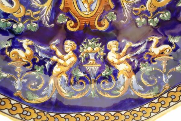 Melonniere faience Gien Renaissance decor blue background