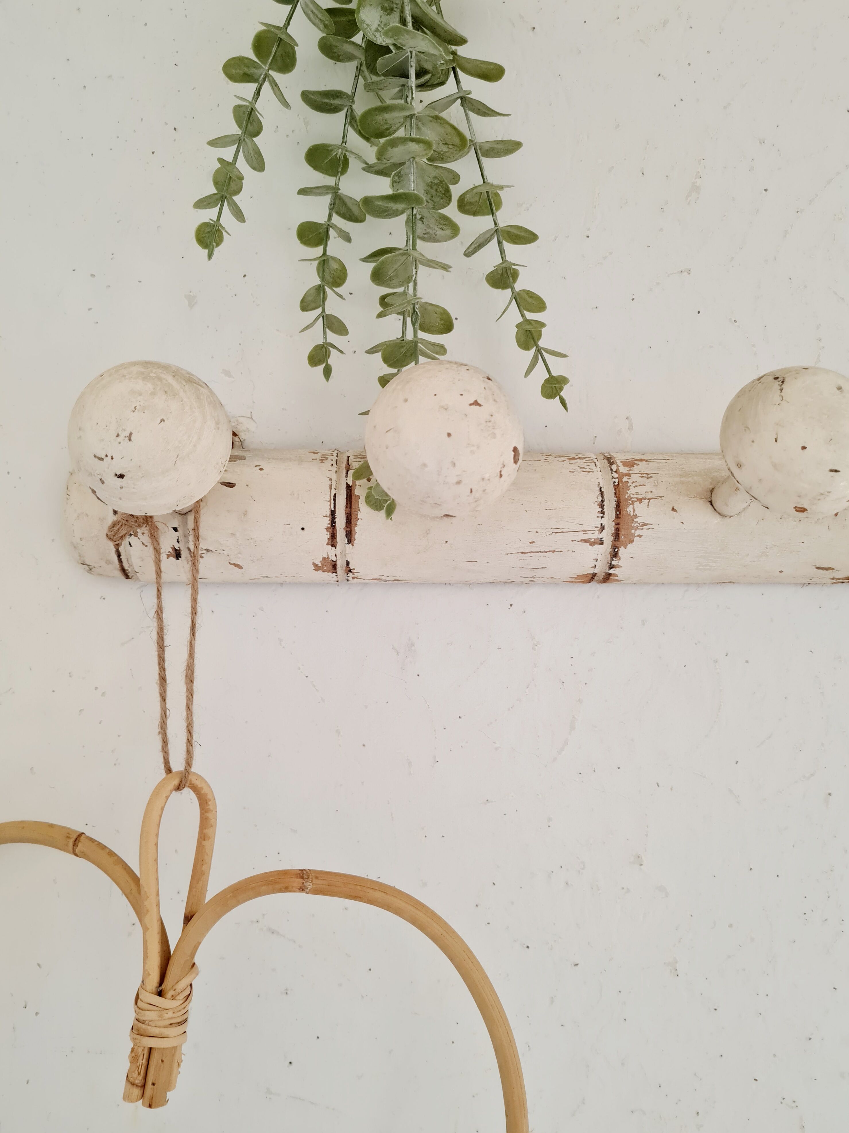 White patina wooden coat rack