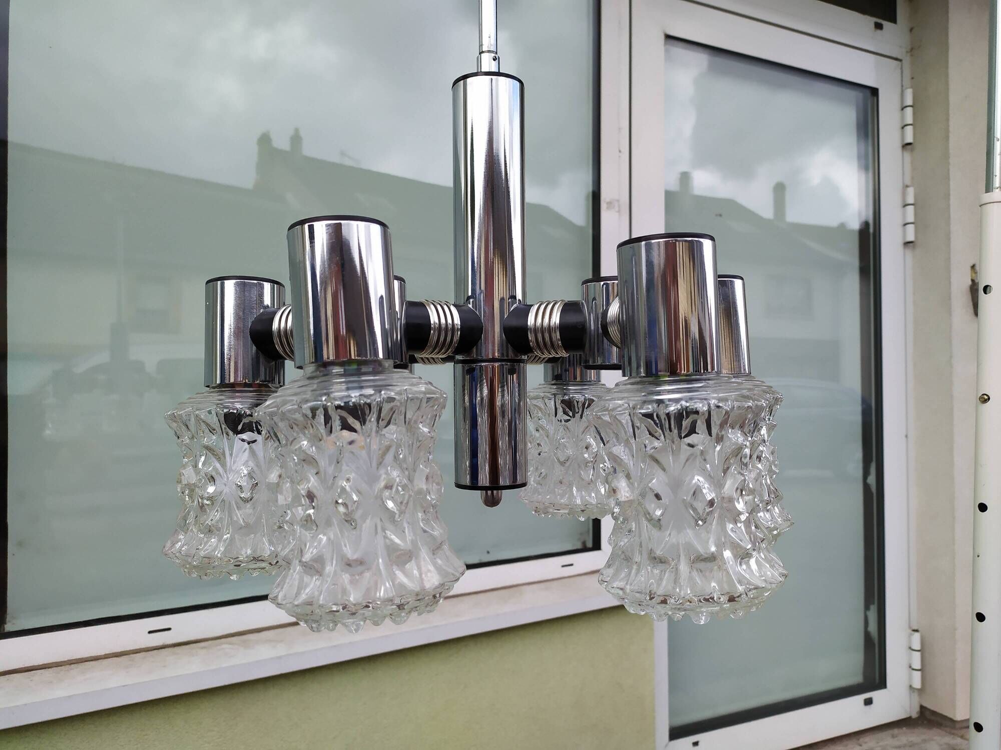 Vintage ceiling lamp in chrome plated and glass cut from targetti 1970 - 6 lamps
