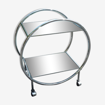 Desserte roulante 2 plateaux miroir teinté et support métal chromé en cercle