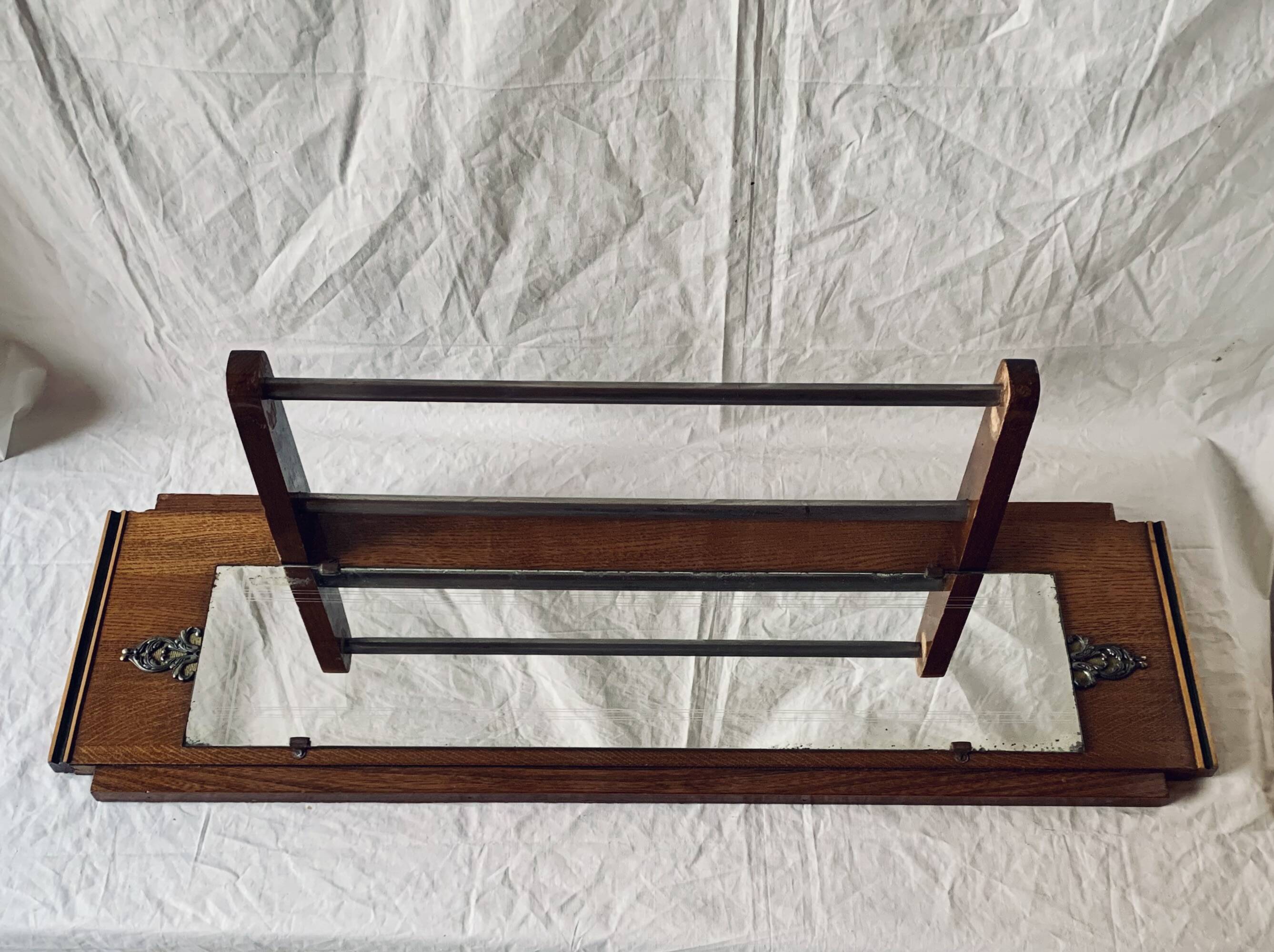 Art Deco wooden hat rack wall shelf with mirror
