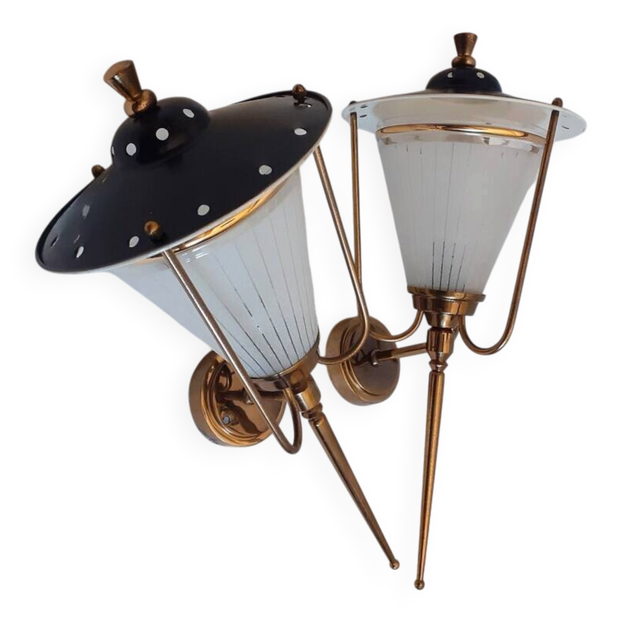 pair of wall-mounted torch lights corner 1950-1960 Arlus or Lunel glass metal