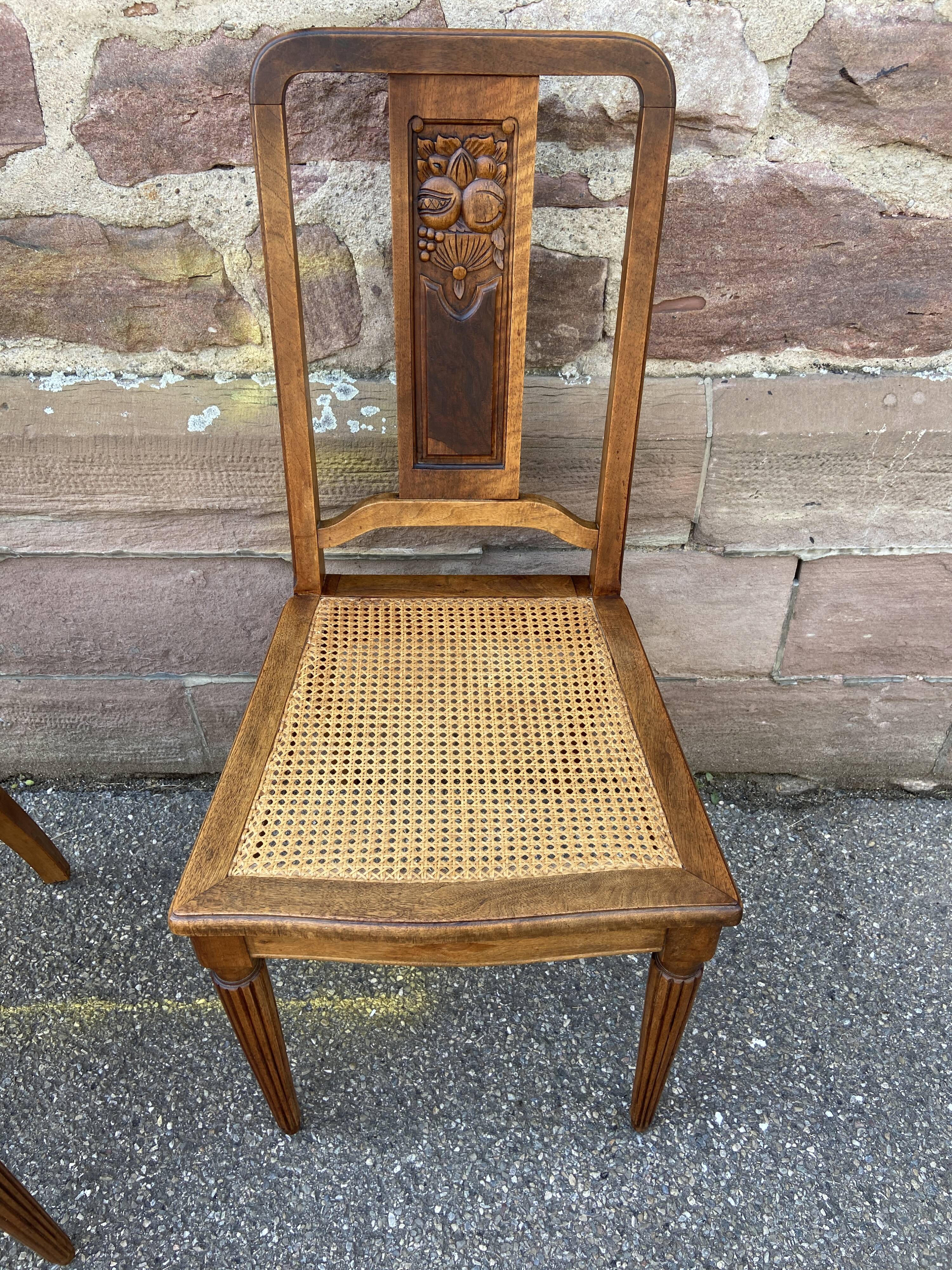 4 chaises noyer cannage Art déco 1930 motif floral French