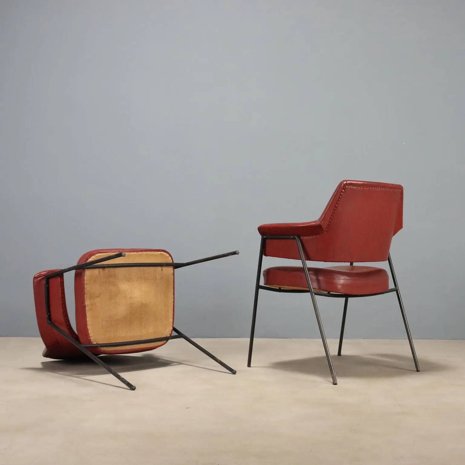 Pair of vintage metal and faux leather armchairs, Italian design, 1960s