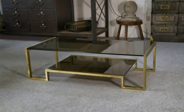 Designer coffee table with brass structure and black smoked glass, 1970s