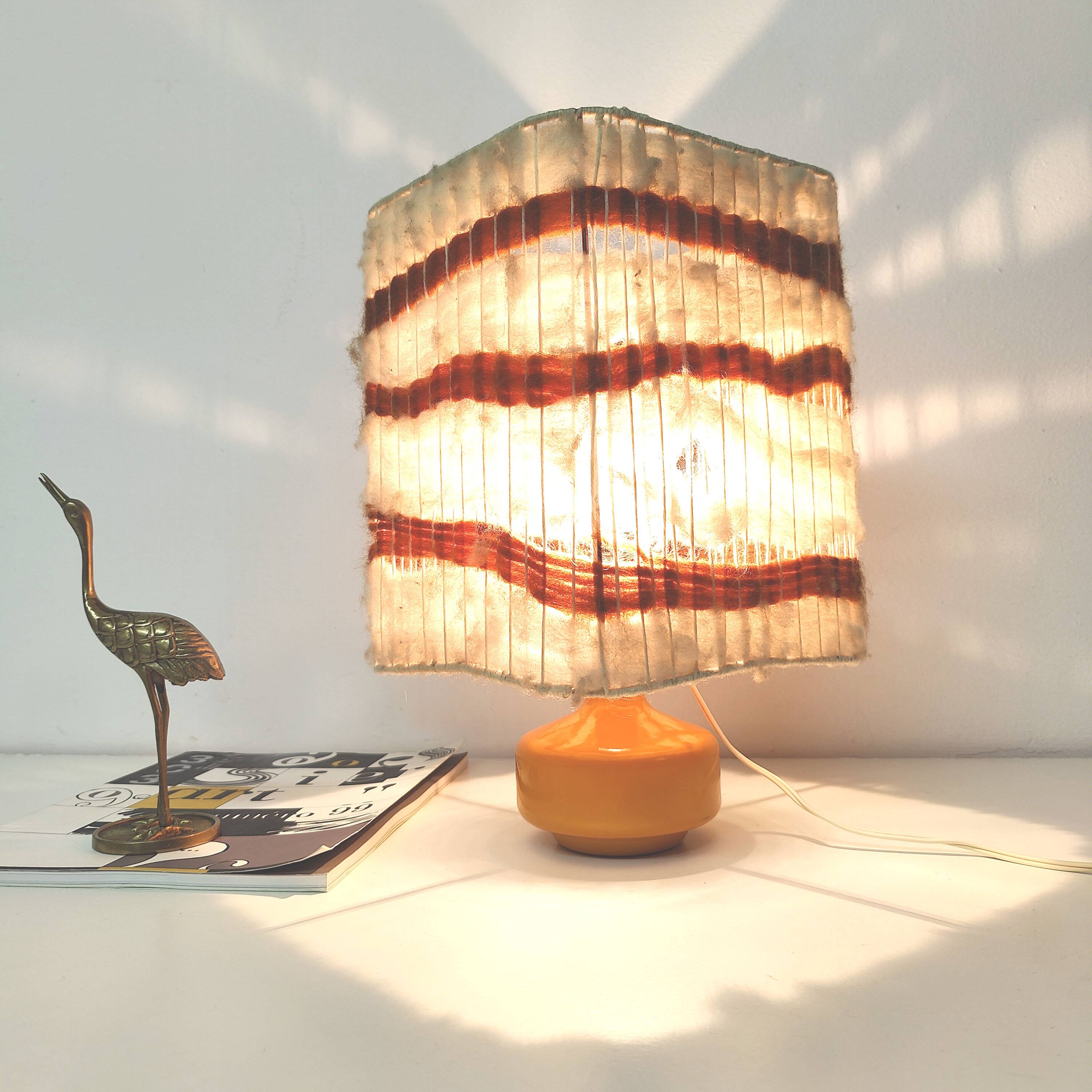 Orange ceramic lamp with vintage wool lampshade from the 70s