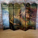 Rare paravent Art déco peint à la main dans le style de Michel-Ange