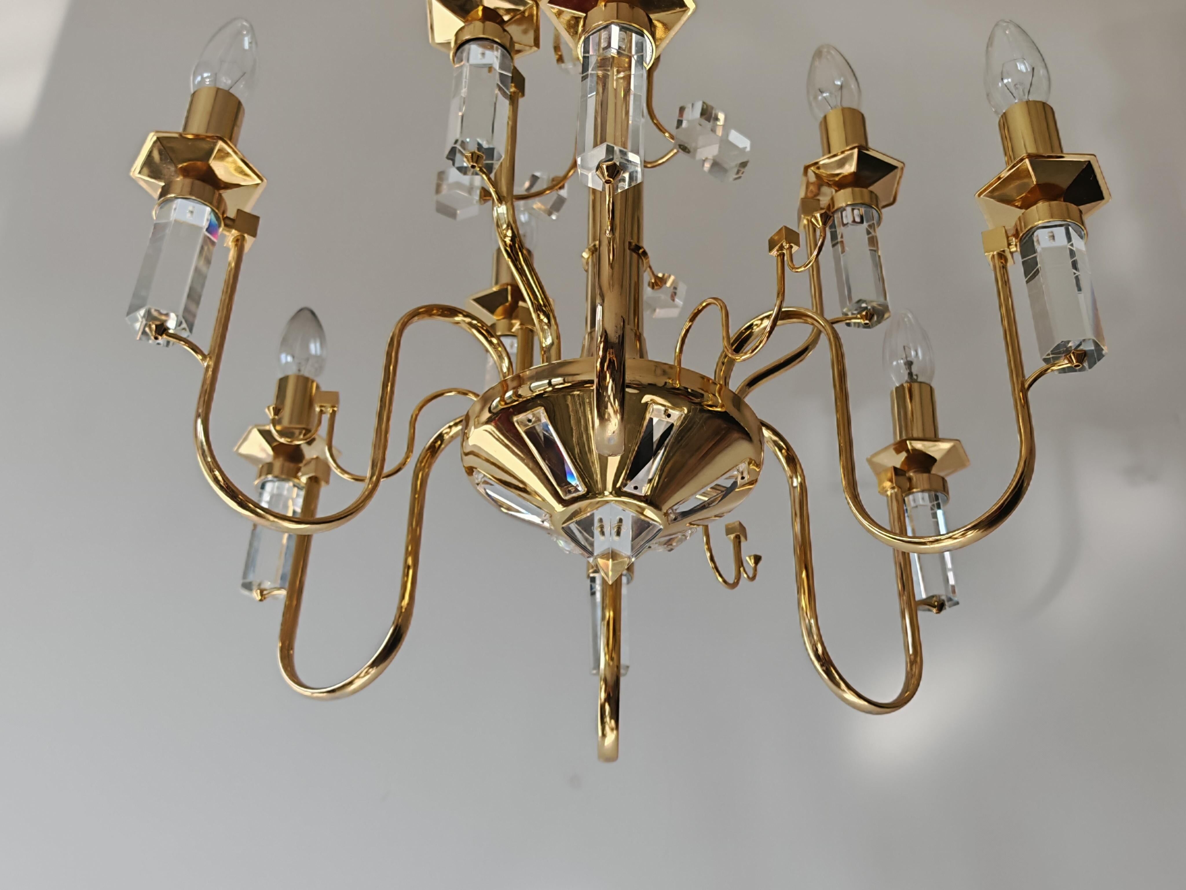Crystal and gilded brass chandelier Mid Century 1970s