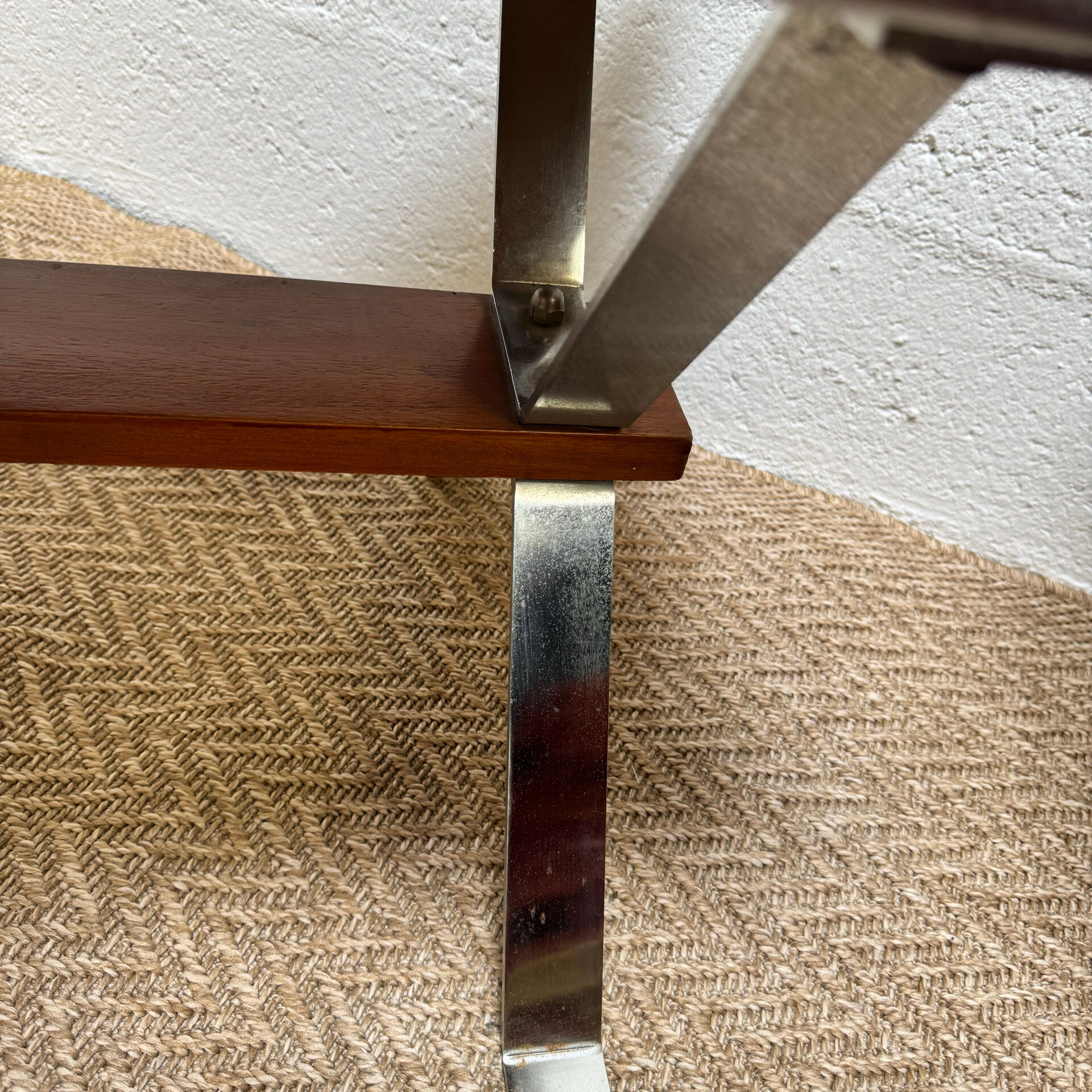 Vintage coffee table from the 60s and 70s in ceramic, chrome metal, and wood.