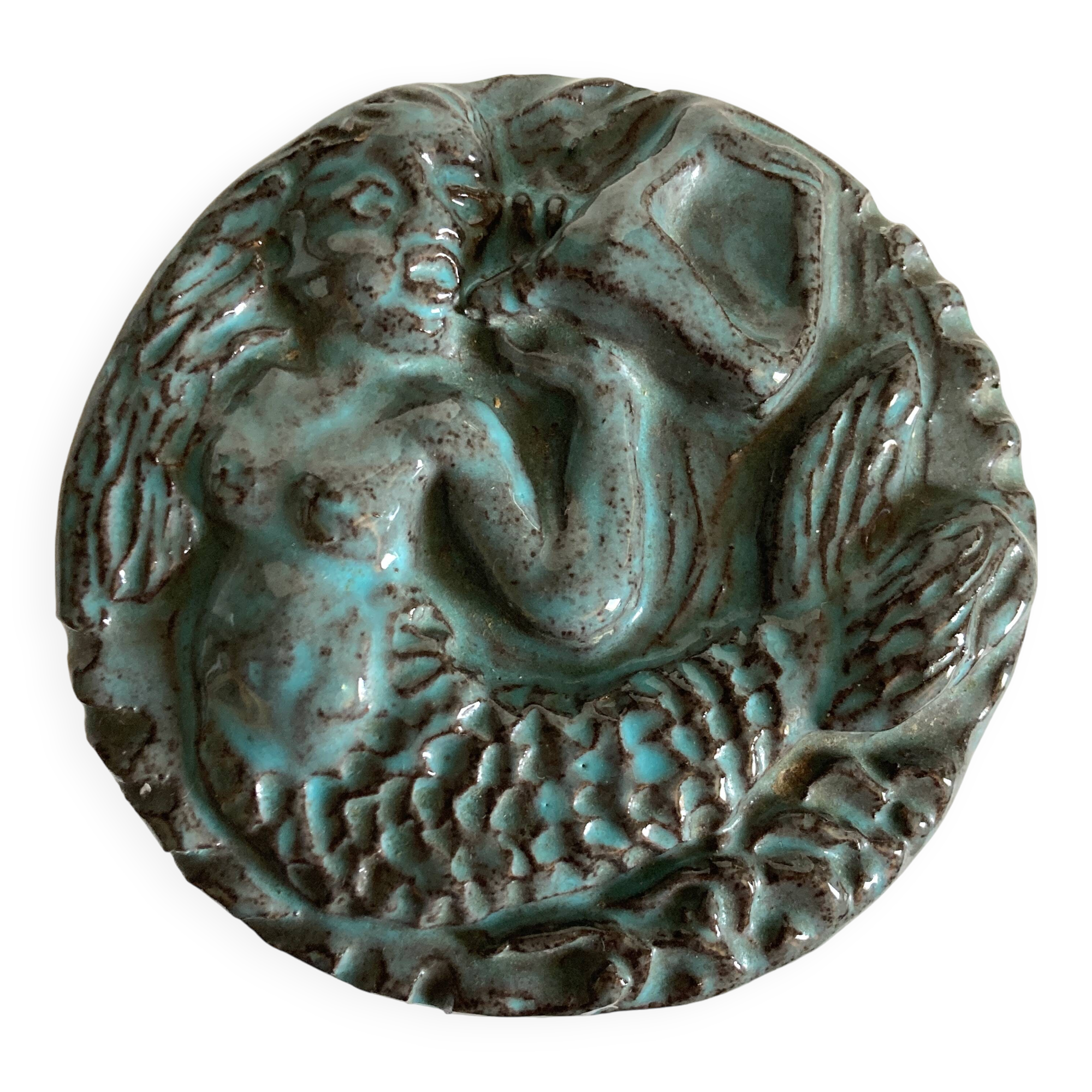 Green-blue enameled ceramic (stoneware) candy box with mermaid decoration, mid-20th century